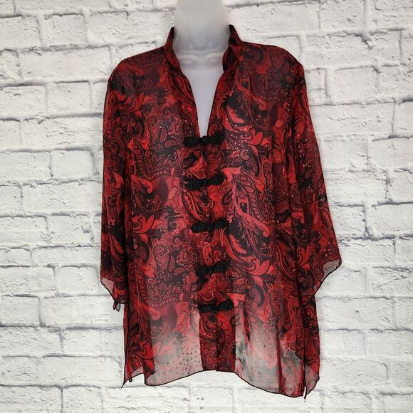 Maggie Barnes Blouse Womens Size 00X (10/12) Red Black Paisley Sheer Sparkle - Picture 1 of 11